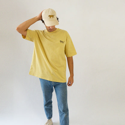 Yellow-green straight-cut T-shirt with embroidered tigers and palm trees, 'Palms and Tigers'