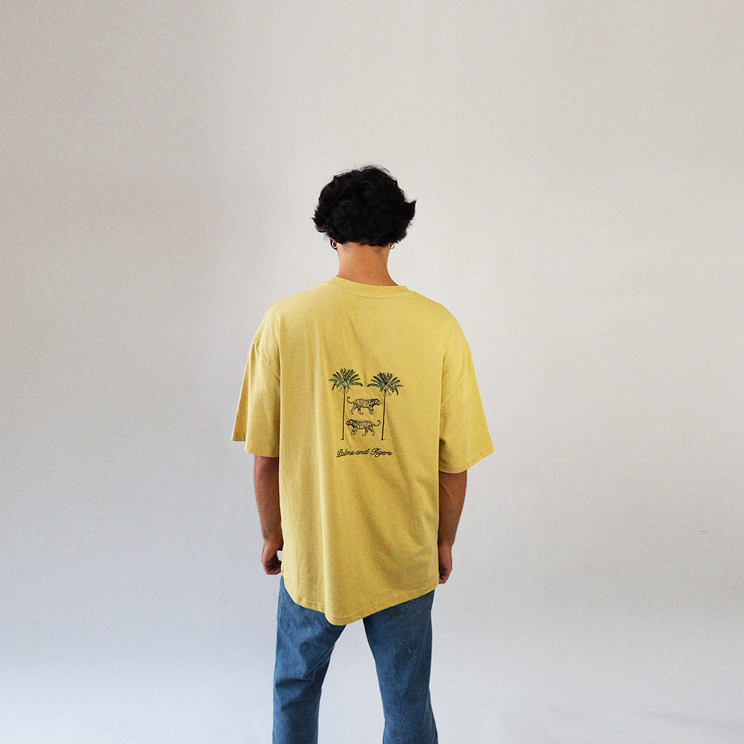 Yellow-green straight-cut T-shirt with embroidered tigers and palm trees, 'Palms and Tigers'
