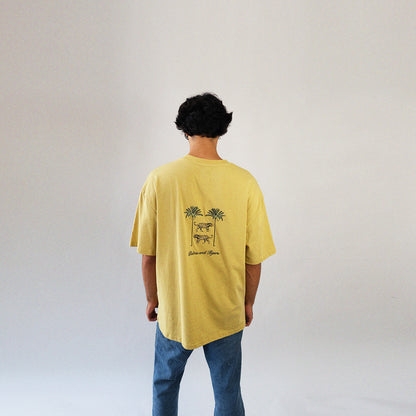 Yellow-green straight-cut T-shirt with embroidered tigers and palm trees, 'Palms and Tigers'