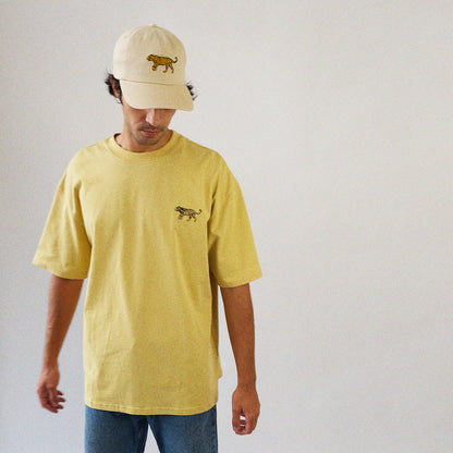 Beige cap with embroidered tiger, adjustable cotton hat". and Yellow-green straight-cut T-shirt with embroidered tigers and palm trees, 'Palms and Tigers'