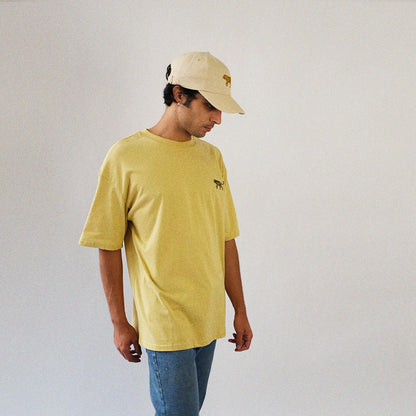 Yellow-green straight-cut T-shirt with embroidered tigers and palm trees, 'Palms and Tigers'