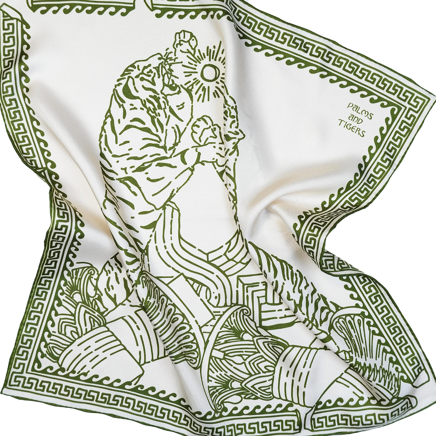 New! Tigers Silk Foulard | Double-Sided Print | Olive Green on Champagne
