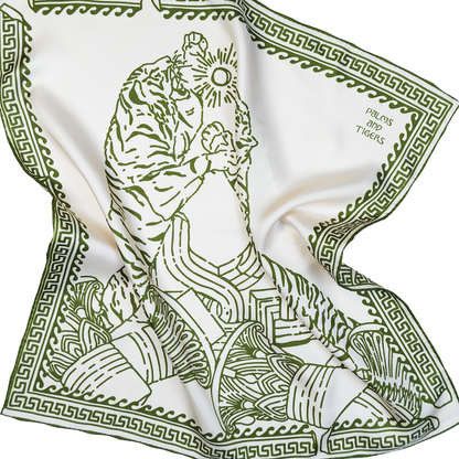 New! Tigers Silk Foulard | Double-Sided Print | Olive Green on Champagne