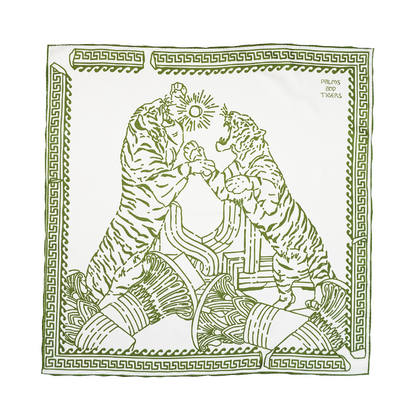 New! Tigers Silk Foulard | Double-Sided Print | Olive Green on Champagne