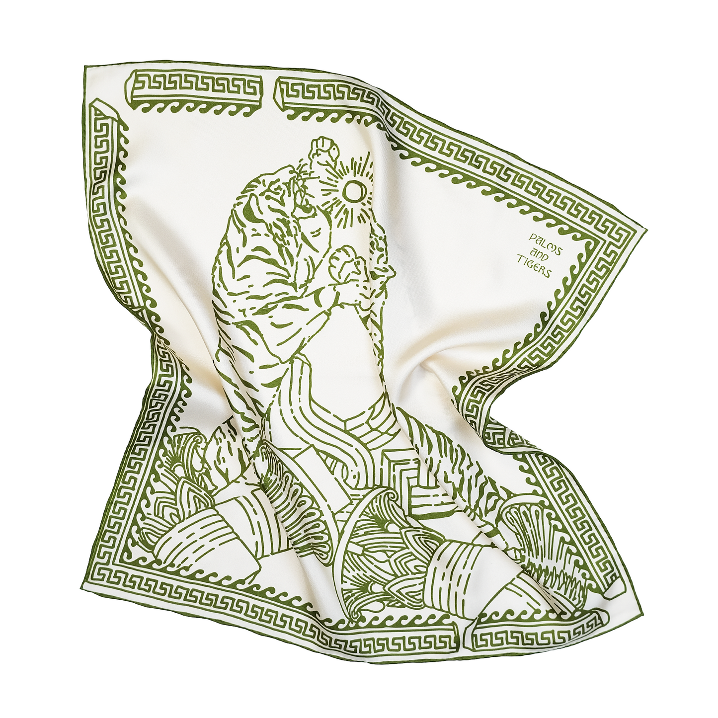 New! Tigers Silk Foulard | Double-Sided Print | Olive Green on Champagne