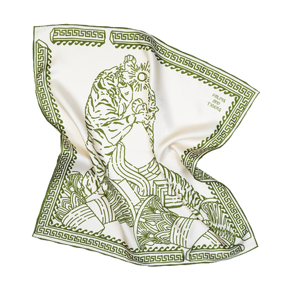 New! Tigers Silk Foulard | Double-Sided Print | Olive Green on Champagne