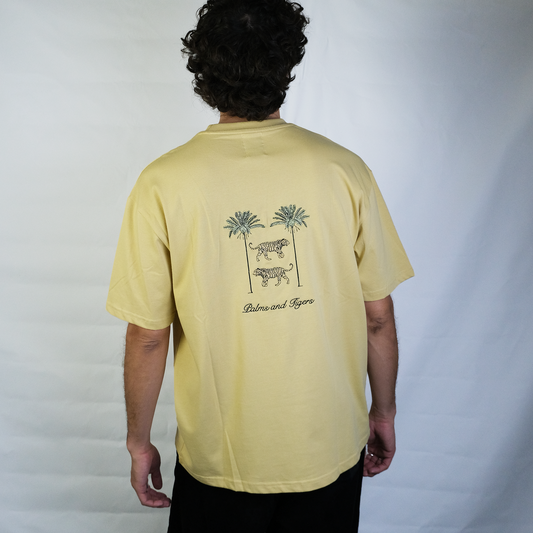 Logo T-Shirt in Yellow-Green with Embroidered Tigers and Palms