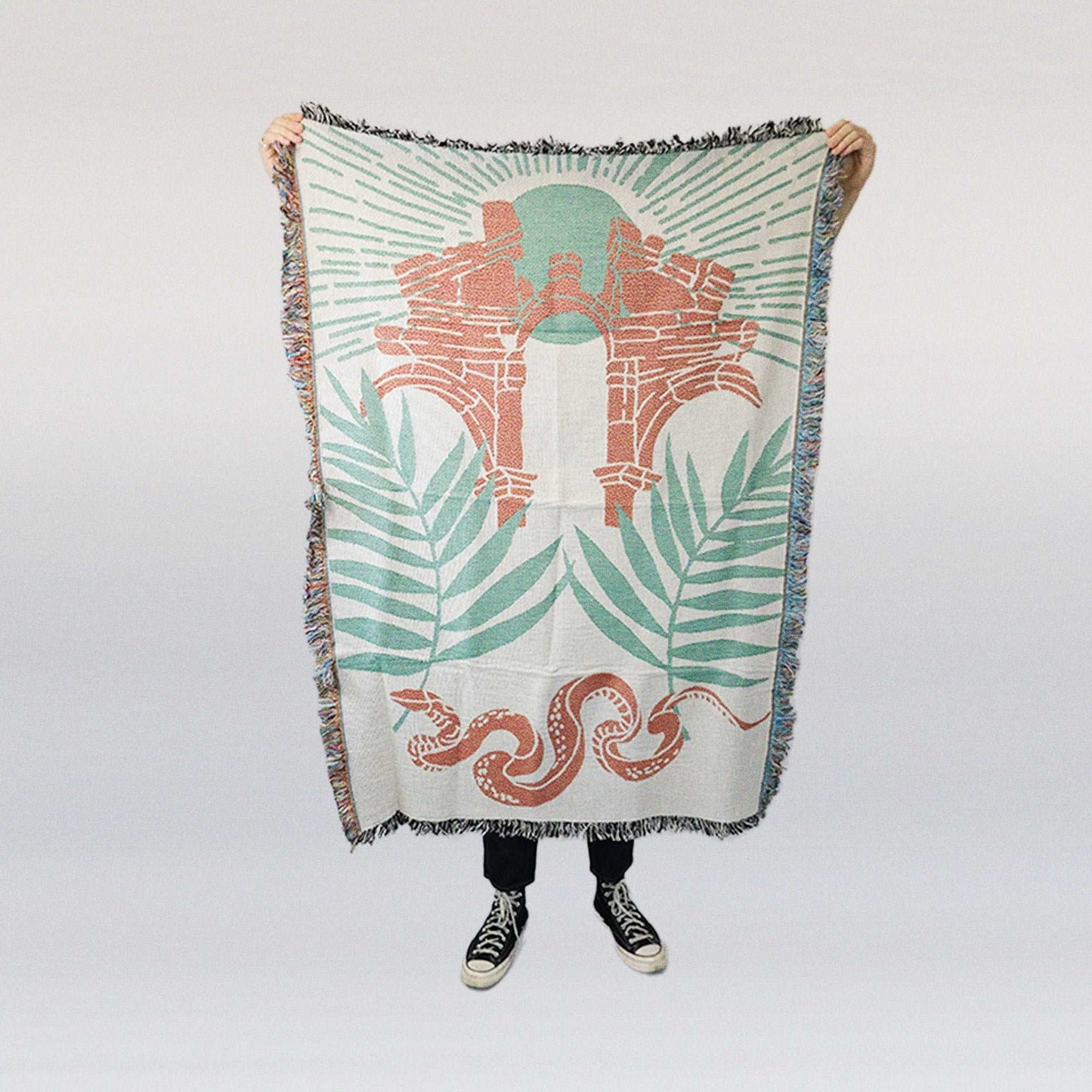 Cotton woven throw blanket, ruins and snake in orange beige and green colors, size 139*52 cm