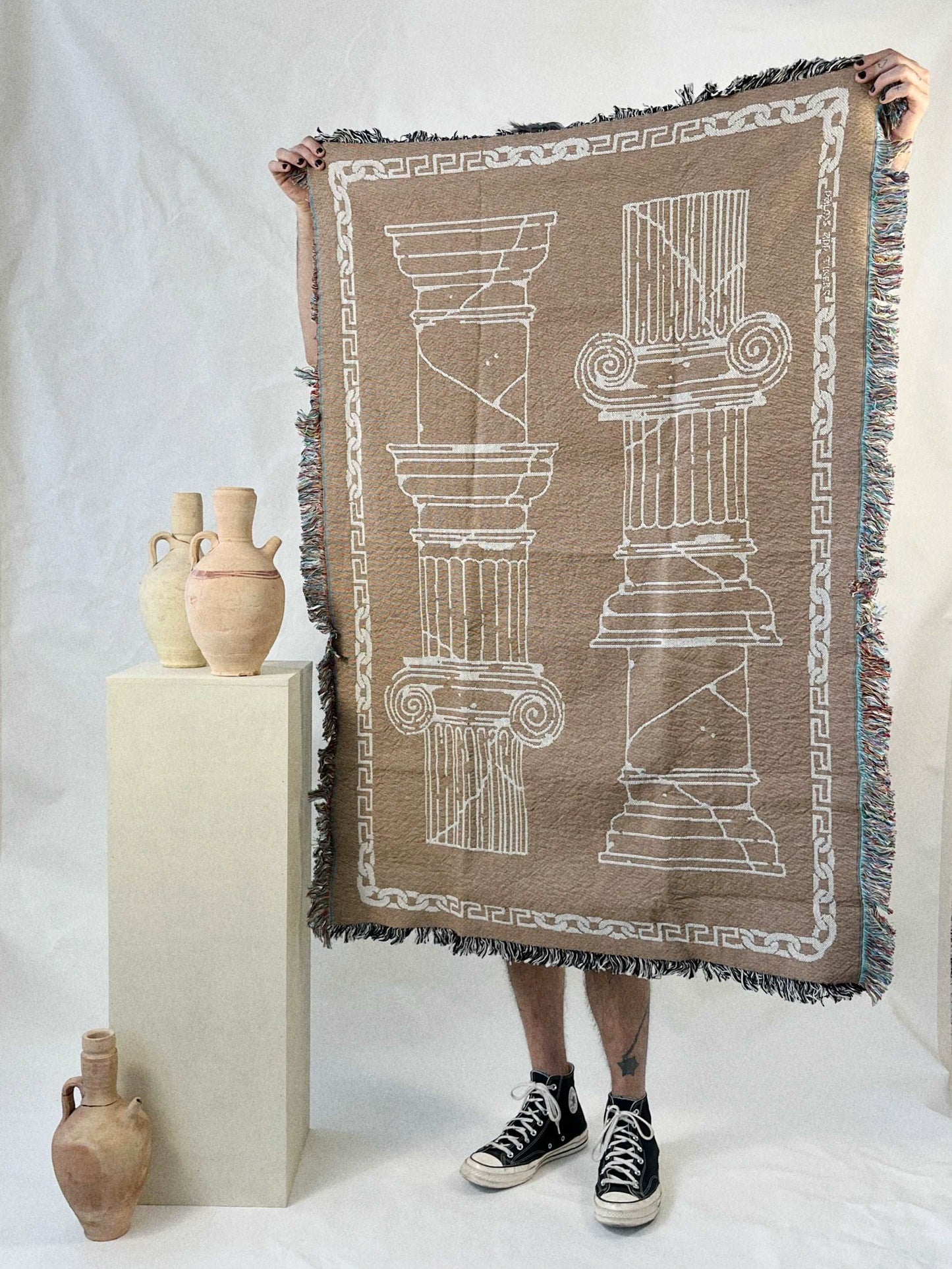 Pillars Throw Cotton woven throw blanket, Greek pillars design, beige and brown, size 139*52 cm