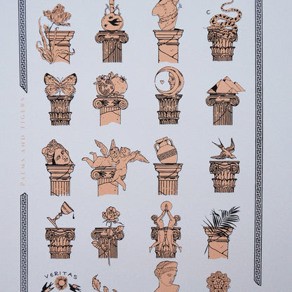 Limited edition screen print of Greek pillars collection in black and orange, 50x70 cm